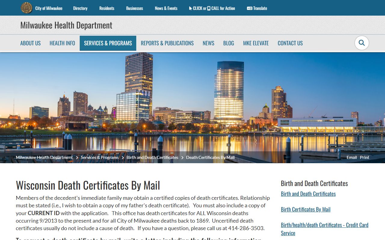 Milwaukee death records mail request