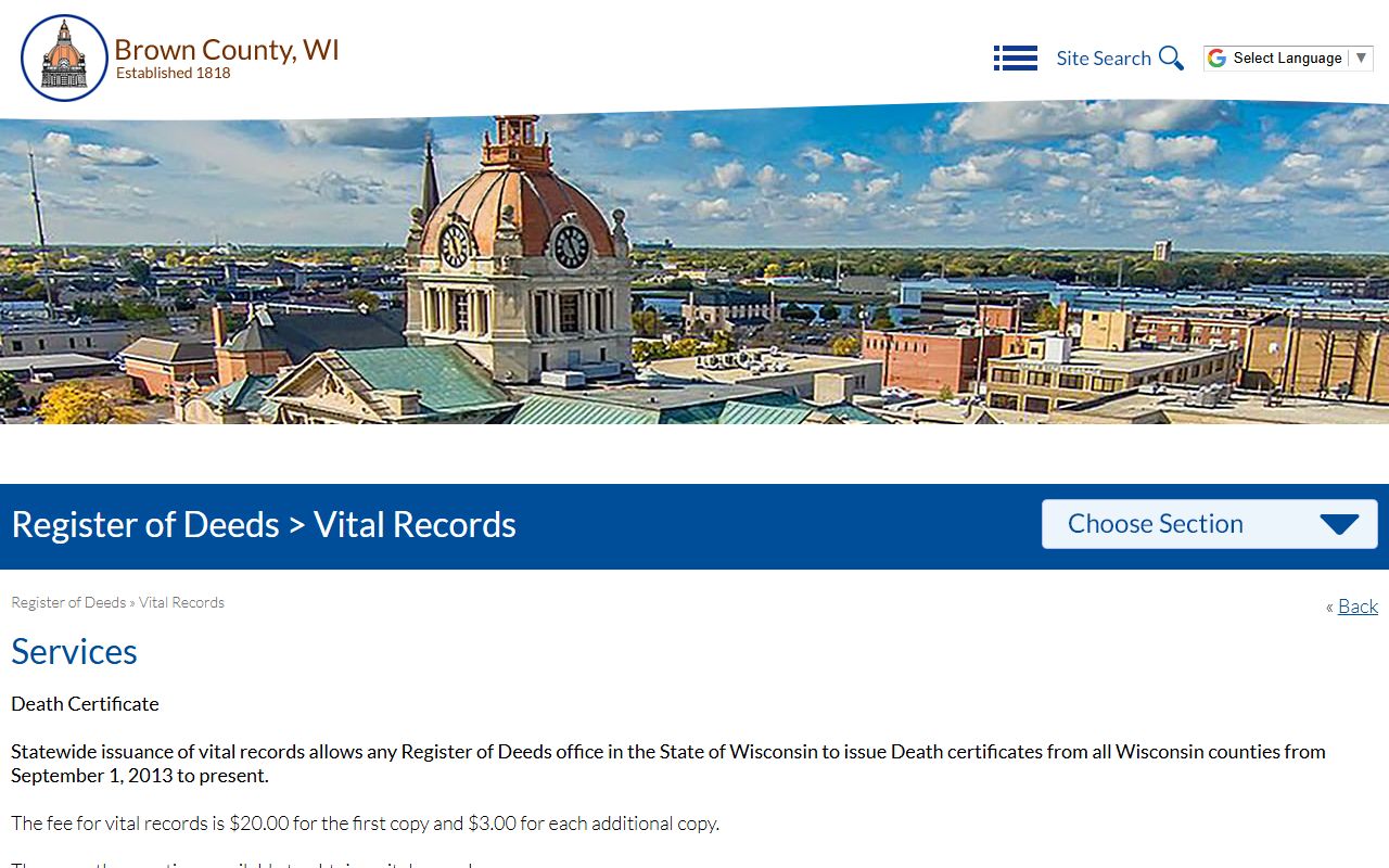 Brown County death records service page