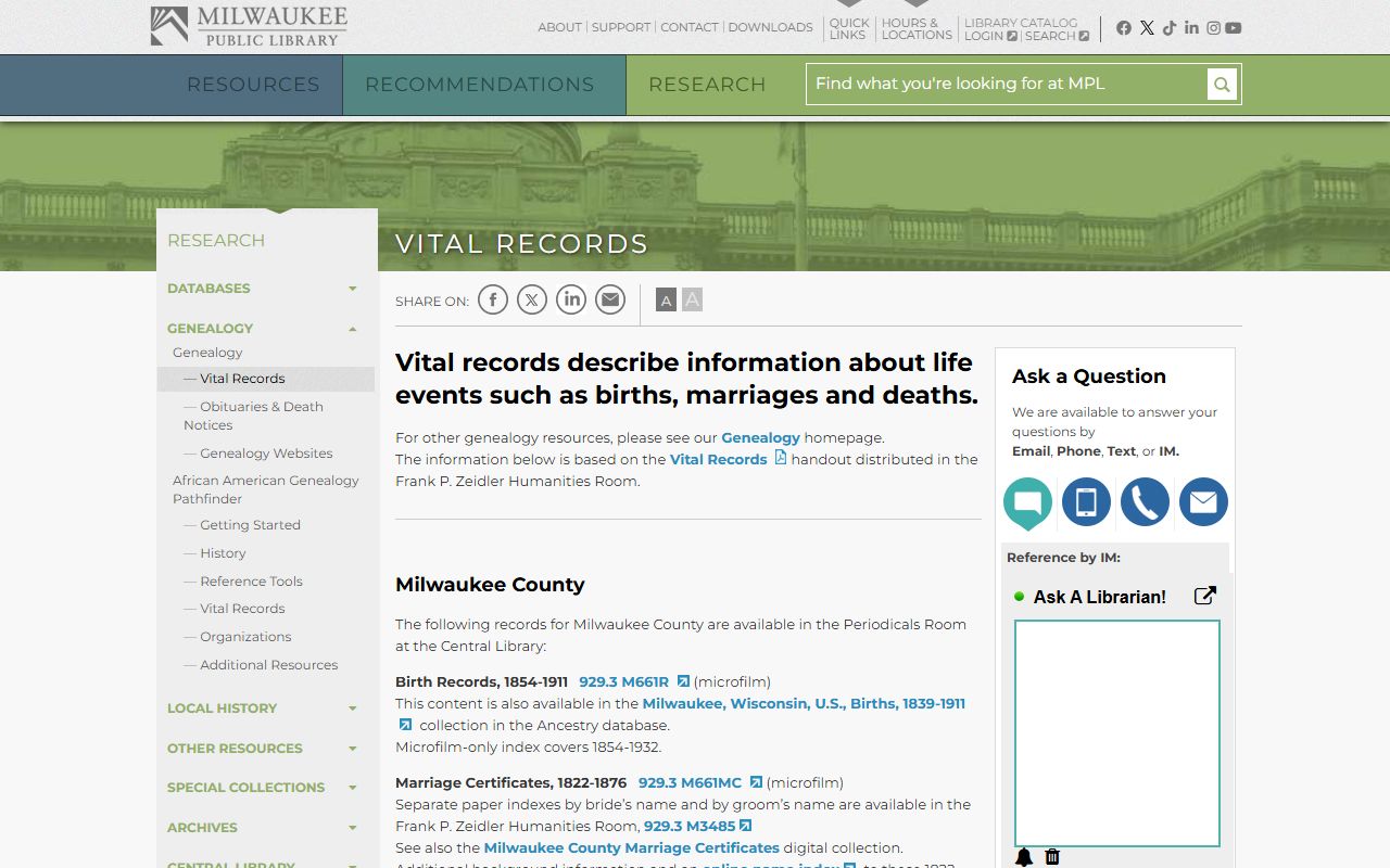 Milwaukee County death records at the Milwaukee Public Library