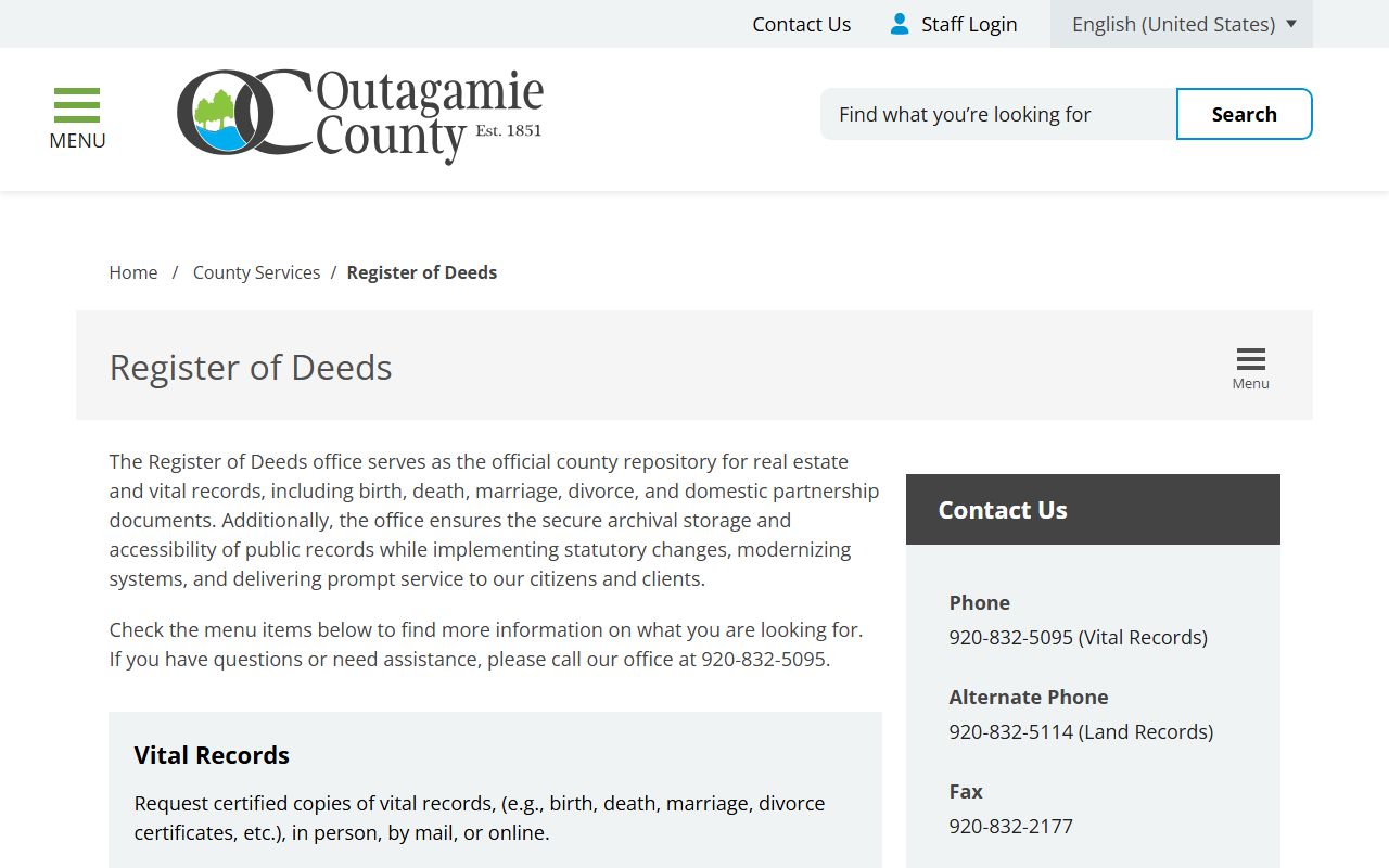 Outagamie County death records office