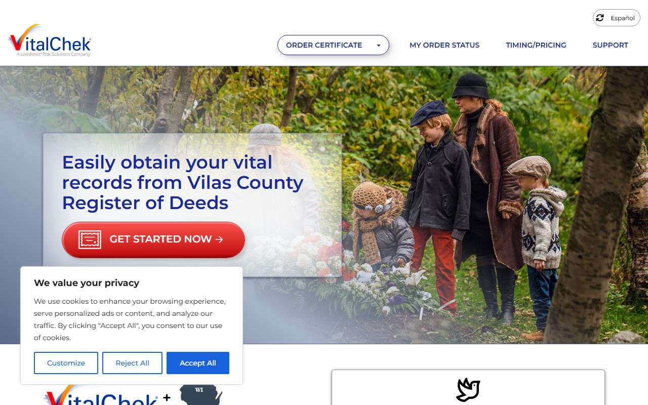 Vilas County death records VitalChek register of deeds page