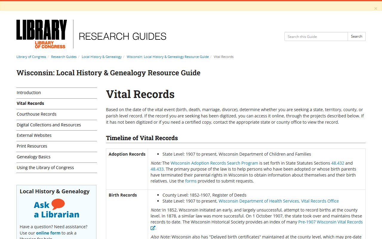 Wisconsin Death Records Library of Congress guide
