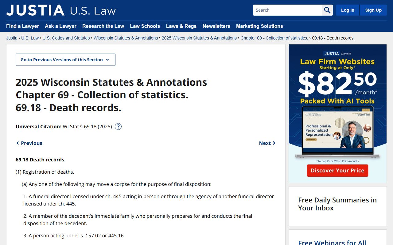 Wisconsin Death Records statute on death record format